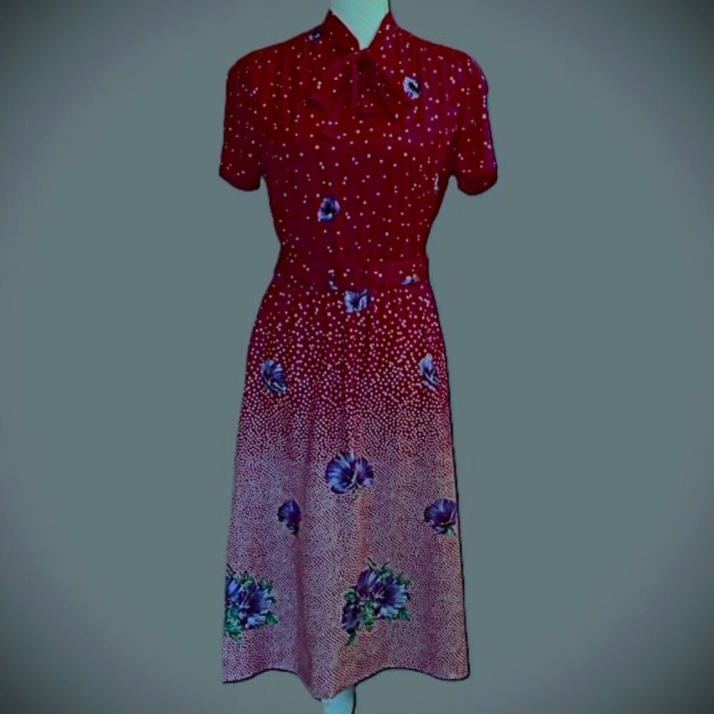 1970s Cheekaberry Bright Red A-Line Dress w/ White Polka Dots and Purple Flowers